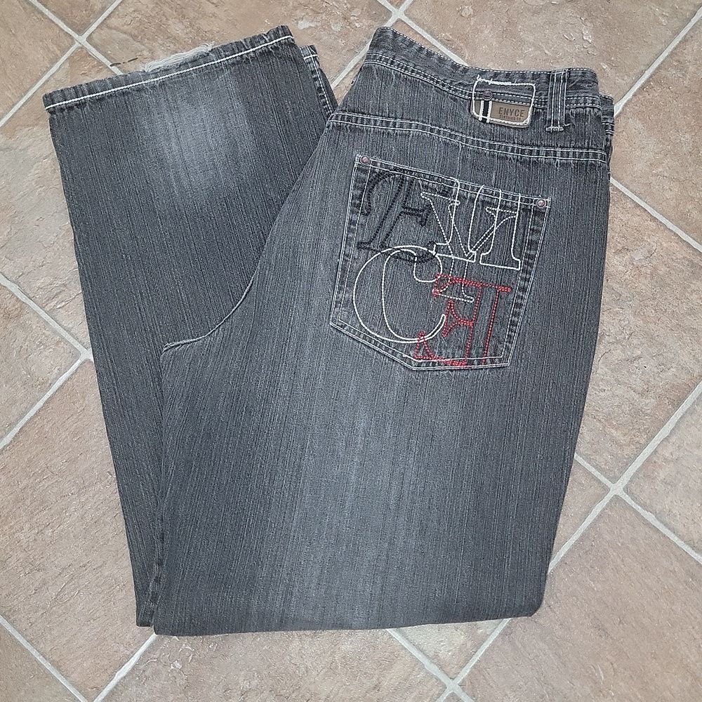 Enyce Baggy Loose Y2K Blackwash Men's Embroidered Bold Stitch Jeans Size 40 x 32